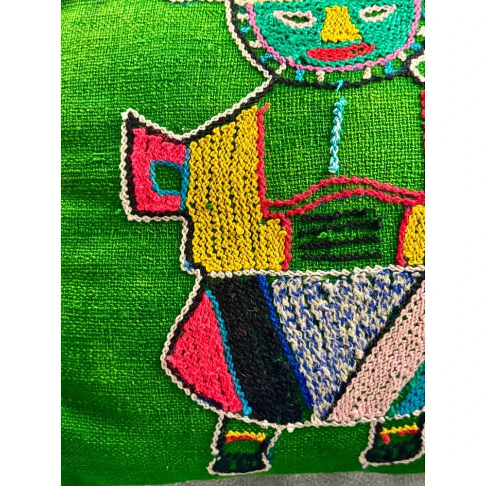 Vintage Peruvian Folk‎ Art Embroidered Wool Pillow Green Andean Figure 13x13